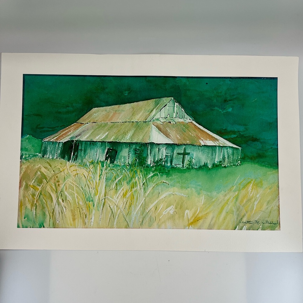 Colored Chalk Drawing Barn With Cross Artist Signed Annette Stubbs Vintage